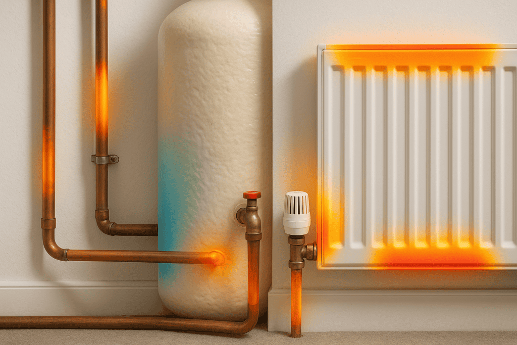 Heating system losses: pipework, hot water cylinders, and radiator placement